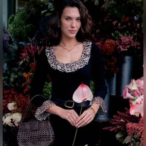 RIXO Black Knit Dress with Animal Print Details.